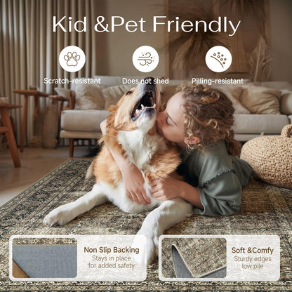PureCozy Vintage Area Rug 12x15 Brown Washable Living Room Large Carpet Non Slip Bedroom Indoor Office Low Pile Traditional Distressed Retro Accent Rug for Dining Room