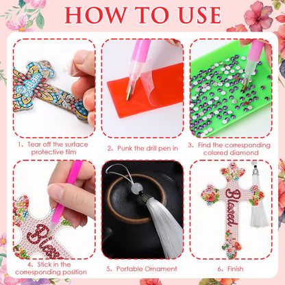 INCOK Cross Diamond Painting Bookmarks - 8PCS 5D Diamond Art Bookmark Kits with Tassel Bible Verse Rhinestone Page Marks Inspirational Christian Bookmarks for Reading Lover Book Decor DIY Crafts Gift