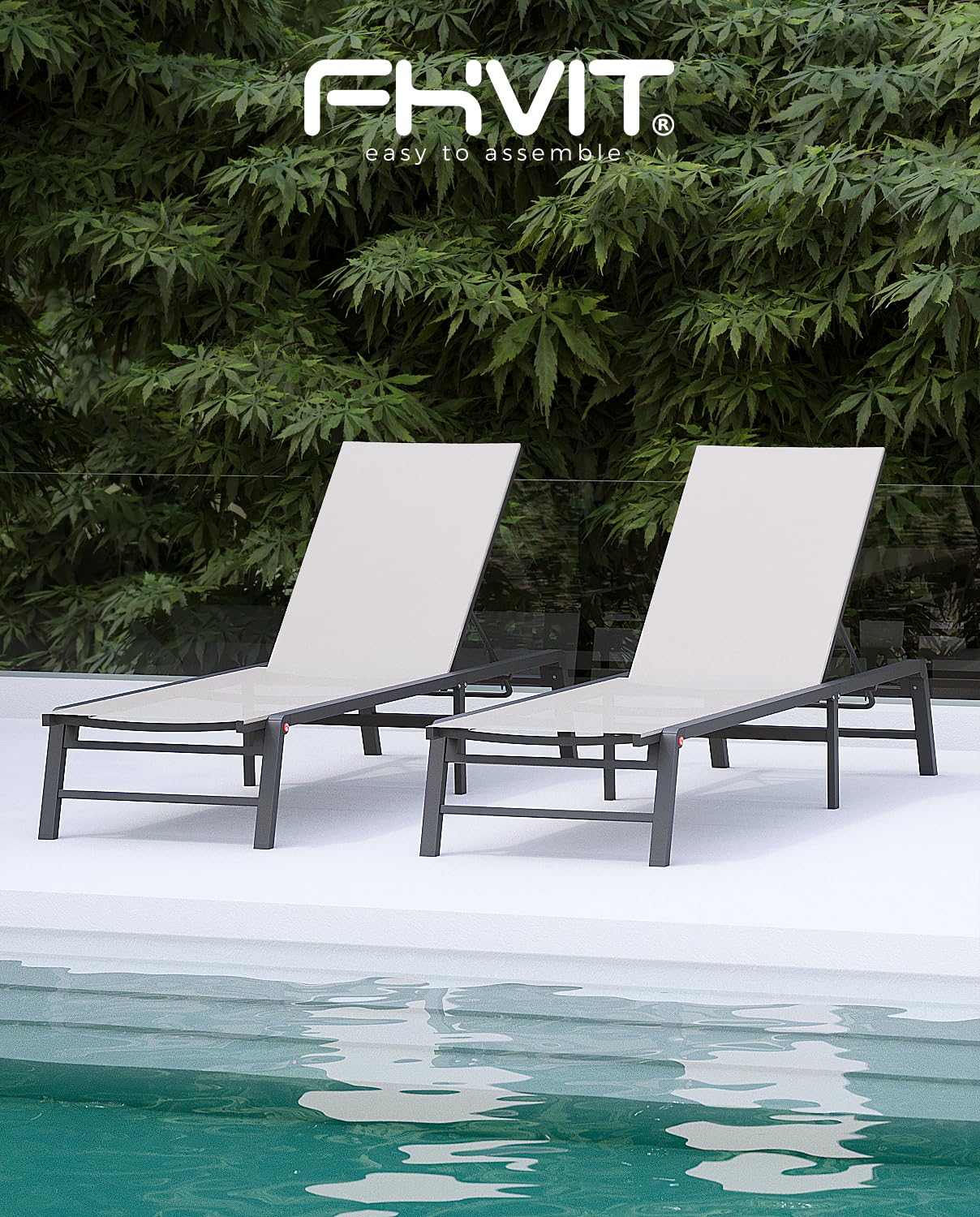 Aluminum Chaise Lounge Chair Outdoor, Foldable Patio Lounge Chair 2 Sets Assemble-Free, Pool Lounge Chairs with 5 Adjustable Backrest, Outdoor Lounge Chairs for Outside Poolside Beach Lawn Beige