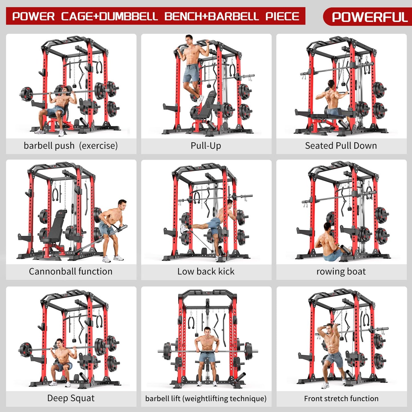 Power Rack Power Cage Multi-Function Squat Rack with Cable Crossover System Selectable More Training Attachment Power Rack for Garage & Home Gym (Red, C Set L01+Weight Bench+（Pole+Cast Iron） 248LBS)