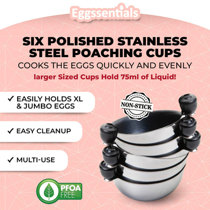 Eggssentials Egg Poacher Replacement Spare Stainless Steel 68mm in Diameter Anti-Stick PFOA Free Individual Removable Poaching Cups (6)