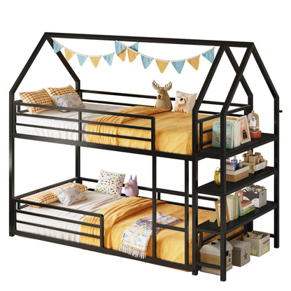 LIKIMIO Bunk Bed Twin Over Twin, Twin Bunk Beds Frame with 3-Tier Storage Bookshelf, Metal Twin House Bed Ladder and Safety Guardrail, Space Saving for Apartment or Dorm, No Box Spring Needed, Black
