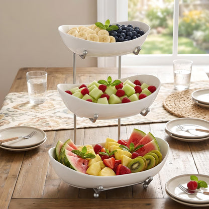 MEIGLQEA 3 Tier Fruit Basket for Kitchen Counter, Silver/White Ceramic Fruit Bowl for Countertop, Home Fruit Rack with Holder, Vegetable Bowl Snacks Nuts Bread Candy Storage (White)