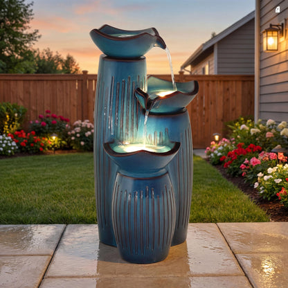 Autodaya 30" H Ceramic Outdoor Water Fountain with LED Lights, 3-Tier Cascading Lotus Bowls Water Feature, Soothing Cascading Waterfall for Garden, Patio, Yard, Turquoise Vertical Striped Texture