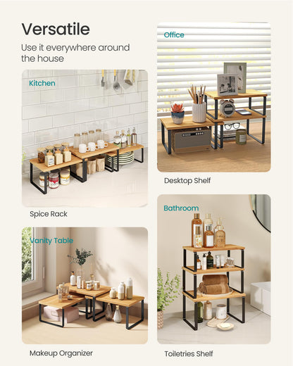 SONGMICS Cabinet Organizer Shelf, Set of 3 Kitchen Counter Shelves, Kitchen Storage, Spice Rack, Stackable, Expandable, Ink Black and Natural Beige UKCS014YL03