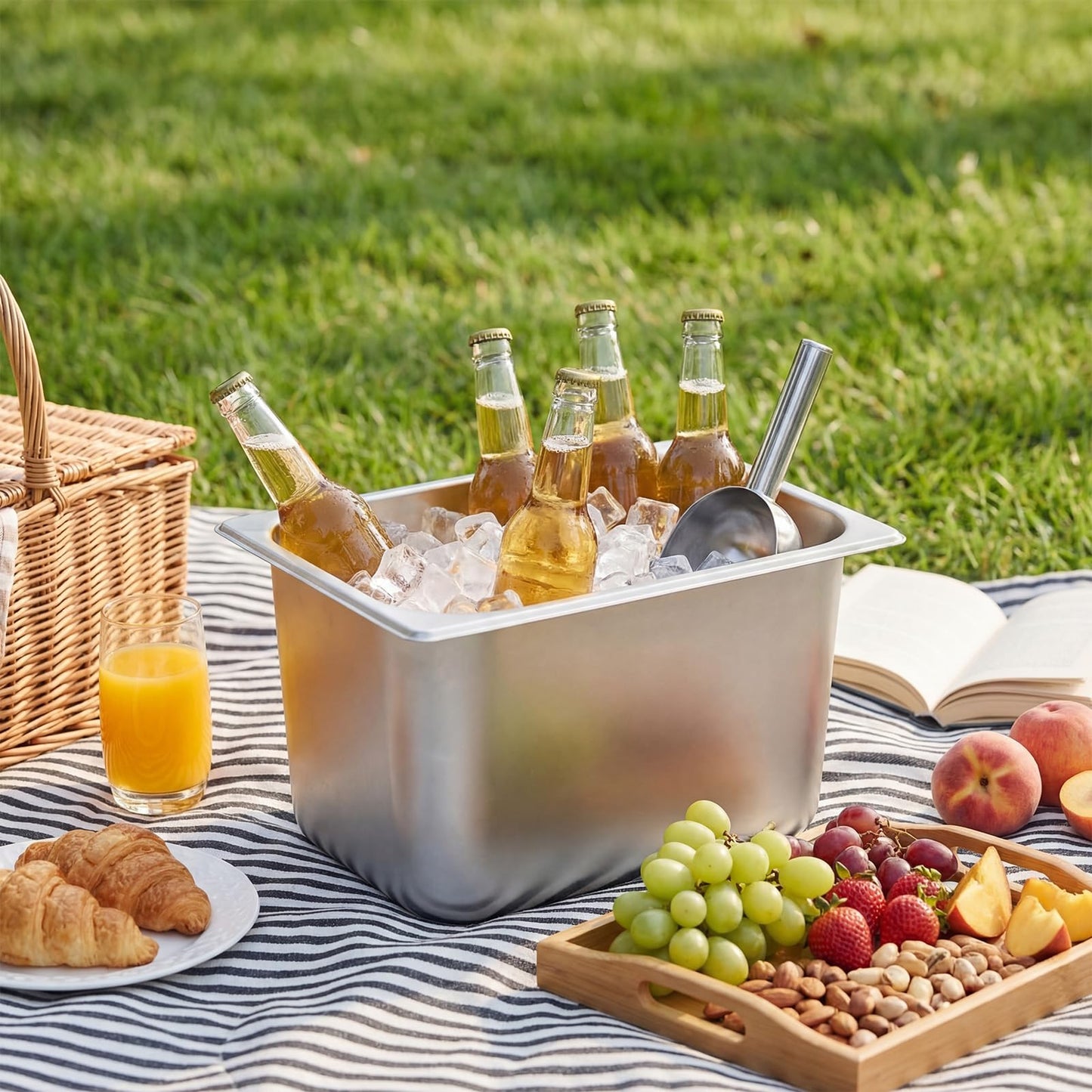 meekoo 3 Packs Ice Bucket for Parties, Stainless Steel Ice Bucket for Freezer with Scoop, 12.8 x 10.4 x 7.8 Inch Drink Champagne Container Bin for Cocktail Bar Wine Icnics Kitchen Storage