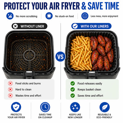 Air Fryer Silicone Liners 2 Pack for 4–7QT Square Basket – Reusable Nonstick Food-Grade Silicone Air Fryer Basket Liners – Dishwasher Safe, Includes Tongs & Basting Brush