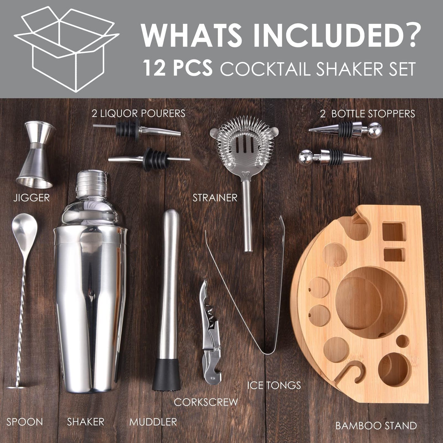 Esmula Cocktail Shaker Set,12 Piece 25oz Bartender Kit with Stand,Bar Set for Mixed Drink, Professional Bar Accessory : Shaker,Jigger,Strainer,Muddler,Liquor Pourers, House Warming Gifts