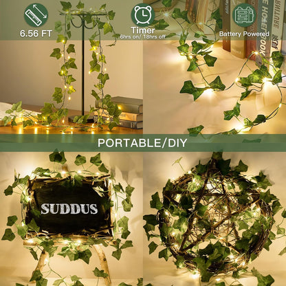 20 6.56FT suddus Fake Vines with Lights Battery Operated, LED Ivy Garland Fairy Lights with Timer, Leaf String Lights