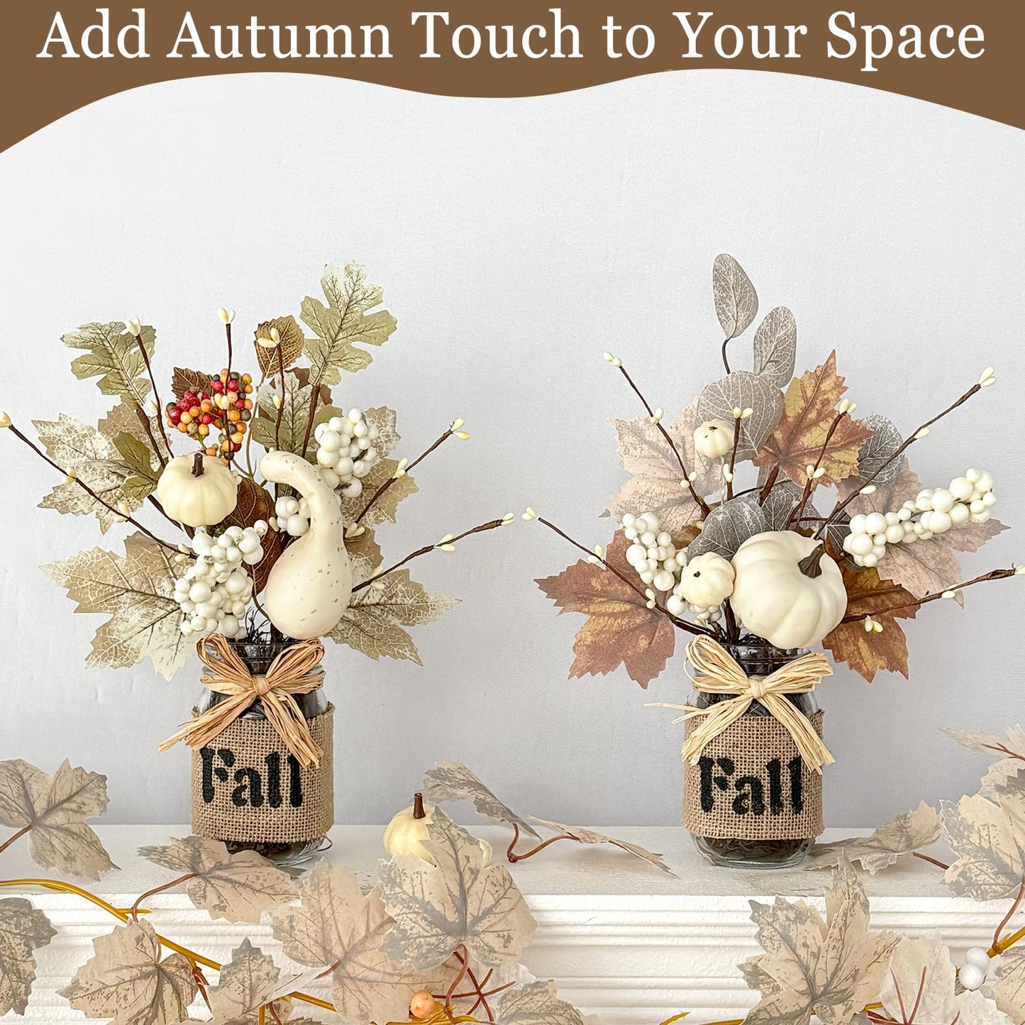 2 Pack 13.5 Inch Fall Decorations Fall Table Decor, Mason Jar with Maple Leafed Pumpkins Berried 20 LED Lights Timer Thanksgivings Fall Centerpieces for Dinner Table Kitchen Bathroom Office Home Decor