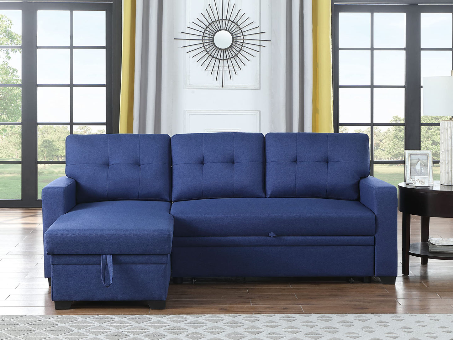 Acosure 82" Sectional Small Sofa with Pull Out Bed,L-Shape Upholstered Sleeper Couch W/Storage Chaise,Tufted Backrest Design,3 Seat Linen Convertible Sofas for Living Room Apartment Office,Blue