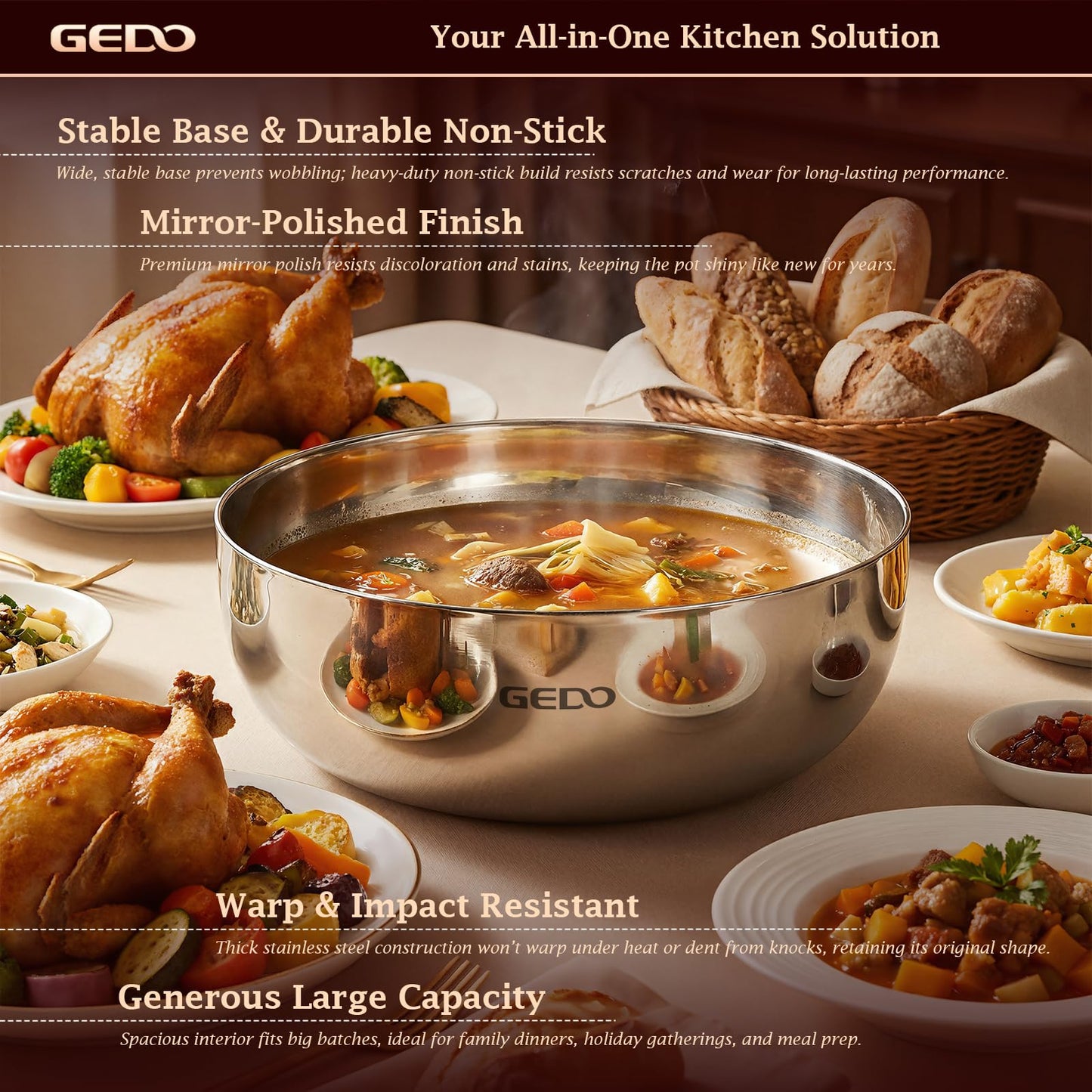 GEDO Triple-Layer 304 Stainless Steel Mixing Bowl, All Stovetop Compatible Deep Large Capacity Bowl with Non-Stick Mirror Polished Interior for Kneading Dough, Baking, Cooking (11in / 28cm)