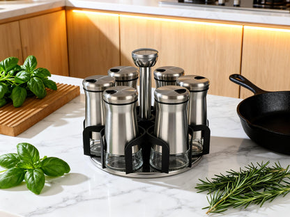 LCshuyao 360° Rotating Spice Rack，Spice Rack Organizer for Cabinet - Includes 6pcs Glass Spice Jars and Labels,Spice Storage, Cooking, Outdoor BBQ,(Spices Not Included) (Modern)