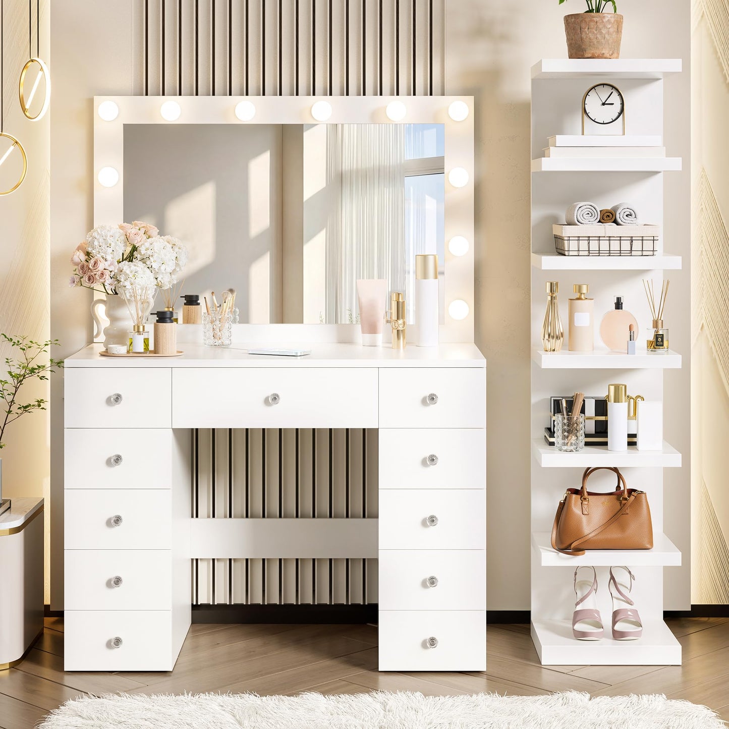 Merax White Makeup Vanity Desk with Large Mirror and 7-Tier Storage Shelves, Modern Dressing Table& 12 Hollywood Bulbs, Power Outlet and 11 Drawers, 3 Color Lighting Modes