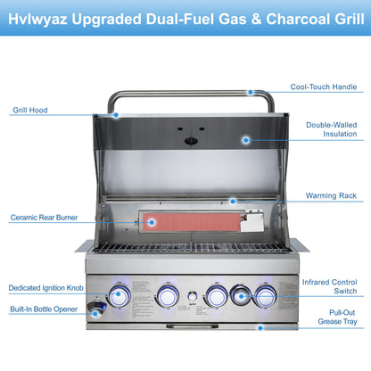28-inch Built In Gas Grill Outdoor, 4Burner Propane Grill with Rear Burner 48,000BTU, Built-in BBQ Grill Stainless Steel, Charcoal and Propane Gas Dual Fuel, with Rain Cover for Outdoor Kitchen Island
