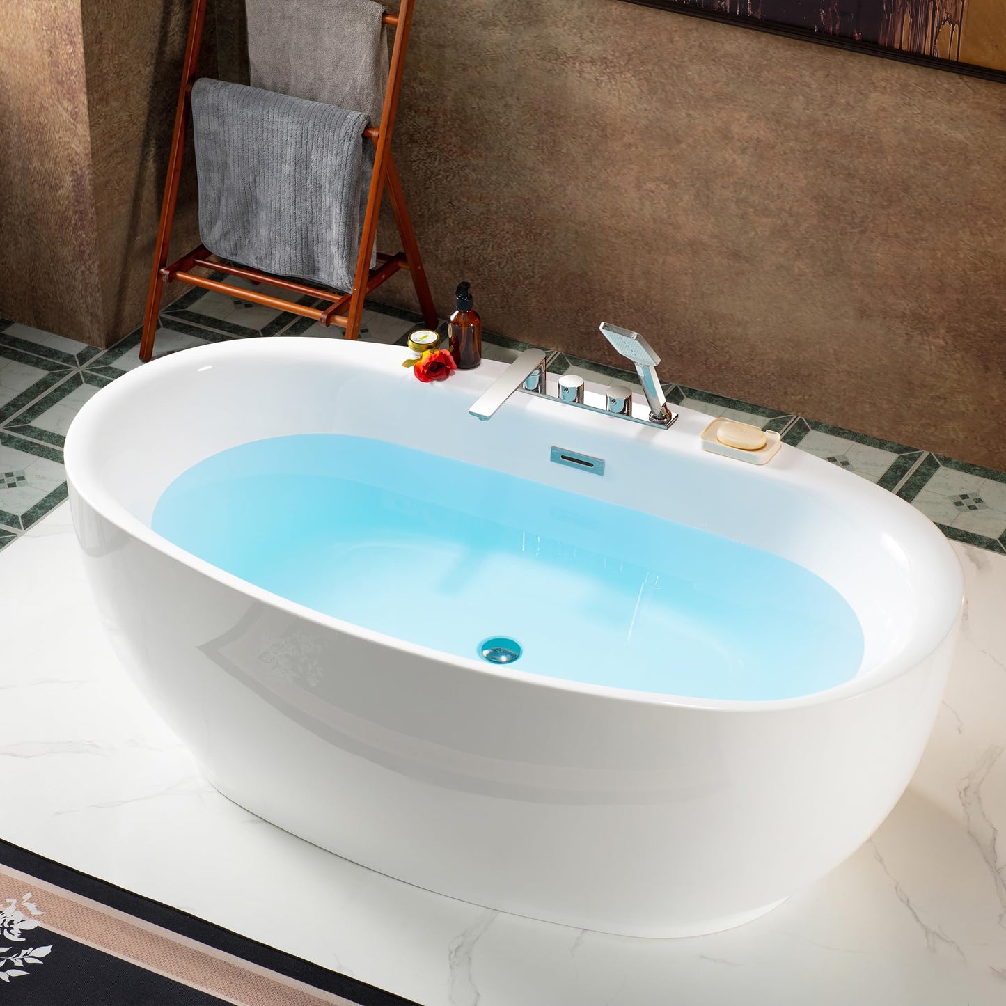 WOODBRIDGE 66" Acrylic Freestanding Bathtub Contemporary Soaking White Tub with Brushed Nickel Overflow & Drain and Faucet,B0027-BN