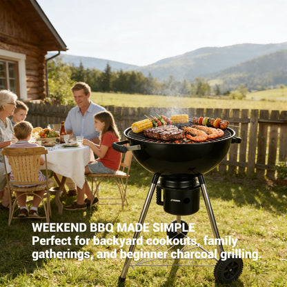 18-Inch Kettle Charcoal Grill with Cover & Wheels, Beginner-Friendly BBQ Grill for Backyard, Patio & Family Cookouts, Easy-to-Use Outdoor Charcoal Grill with Ash Catcher