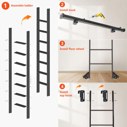 DIYHD 96" Sliding Library Ladder with 8 Steps, Telescopic Top Hook, Lightweight Rolling Ladder with Upright Space-Saving Storage, Kit with 4FT Sliding Rail, Bottom Rollers, 300lbs Capacity, Black
