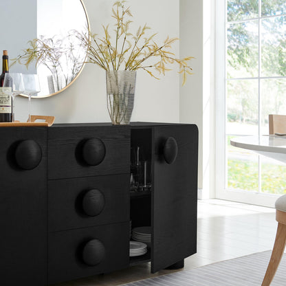 Modway Sonnet Retro Curved Sideboard in Black – 57 Inch Modern Buffet Cabinet with Circle Knobs – Credenza Cabinet with 3 Drawers – TV Stand Media Cabinet for Living Room, Home Office, Lounge Area