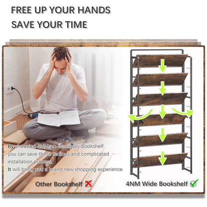 4NM No Assembly Extra Wide 6 Tiers Folding Bookshelf Storage Shelves Vintage Bookcase Standing Racks Study Organizer Home Office (Rustic Brown Black)