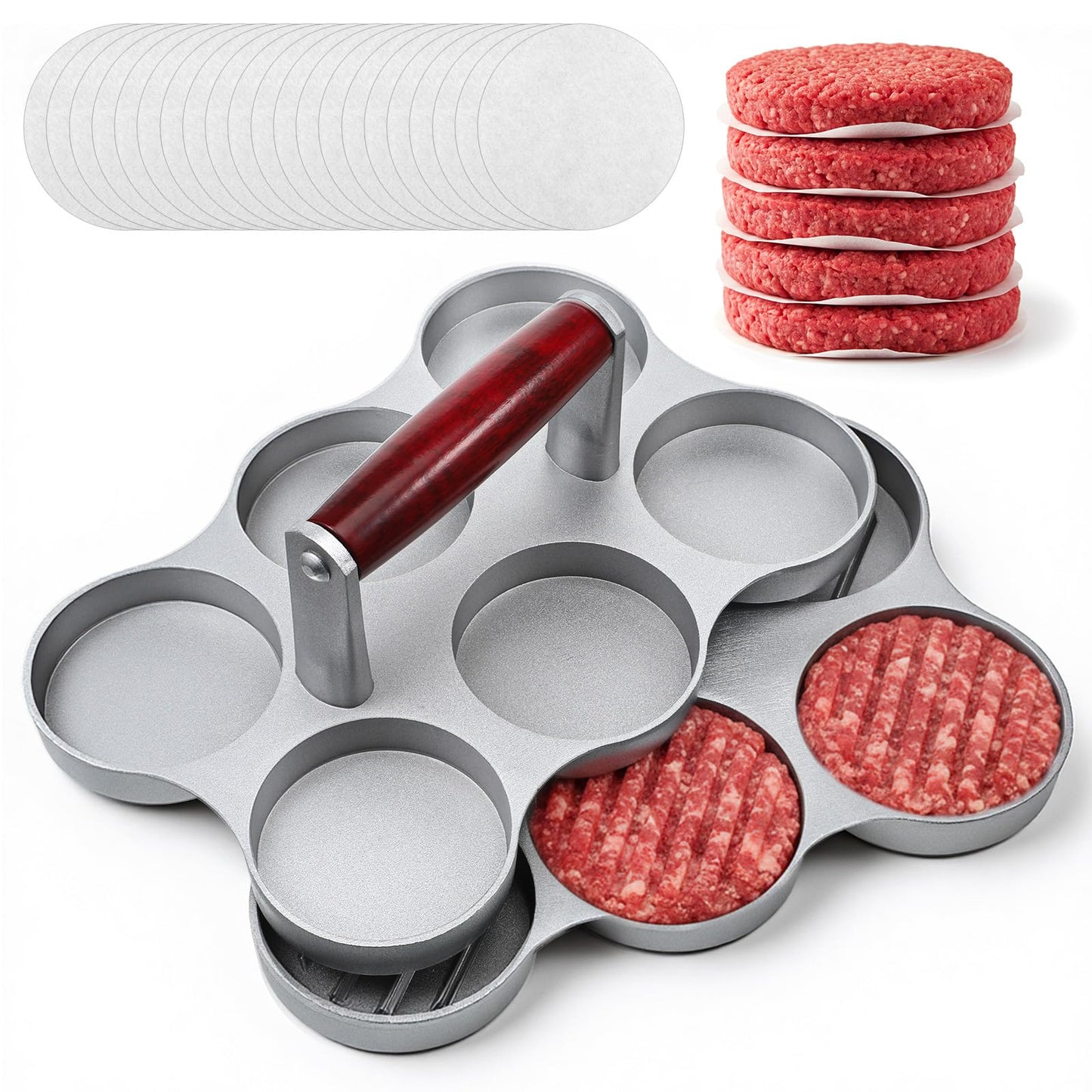 AOZUO Mini Burger Press Small Meat Patty Maker with 300 Patty Papers and 6 Round Shape Press Patty Maker for Mini Hamburger, Barbecue, Picnic, Camping, Six 2.64-inch Slots, 6 Pieces at Once