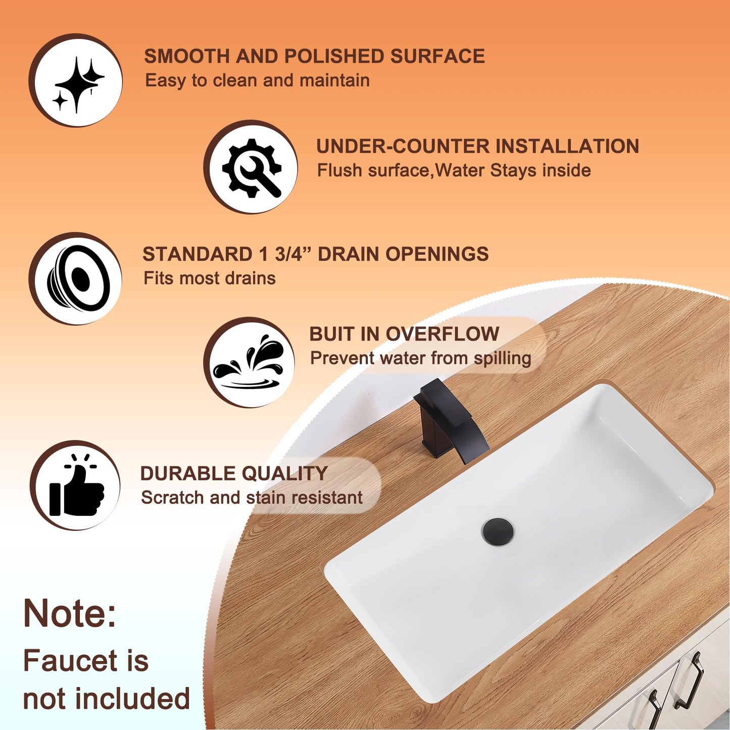 DEHOMEN 32 inch Undermount Bathroom Sink with Overflow for Shared Bathroom, Large Rectangular Single Bowl Vanity Basin For Modern Master Suite Double Faucet Setup, Porcelain Lavatory Vessel,White