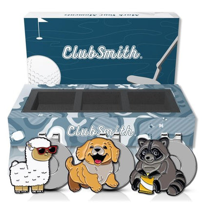 ClubSmith® Golf Ball Marker Gift Box Set with Magnetic Hat Clips, Funny Putting Marker Cool Golf Accessories, Premium Gifts for Men & Women Golfers (Set of 3) (Rub for Luck Set)