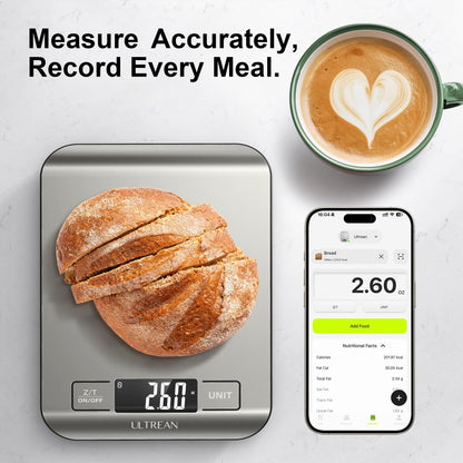 Ultrean Smart Food Kitchen Scale with Nutritional Calculator, App for Macro & Calorie Tracking, AI Scan, Digital Grams and Ounces for Weight Loss, Rechargeable, Stainless Steel, 33lb /15kg