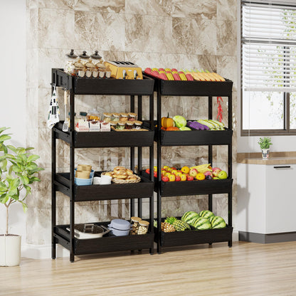 Tribesigns Wood Fruit and Vegetable Basket Stand Rack for Kitchen, Office, Store, Supremarket, Pantry Shelf Unit for Snacks, 4-Tier Wooden Utility Storage Shelves Set of 2 (Black)
