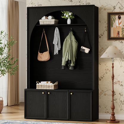 Merax Farmhouse Hall Tree with Bench and 3 Cabinets, 4-in-1 Entryway Coat Rack with 4 Golden Hooks and Top Compartments, 77.5" Retro Arched Entryway Hall Tree for Hallway, Mudroom, Entrance, Black