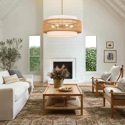 6-Light Boho Rattan Chandelier, 25.6" Large Rattan Pendant Light with Fabric Shade, Farmhouse Hand Woven Chandelier Hanging Ceiling Light for Dining Room, Living Room, Kitchen Island, Foyer, Hallway