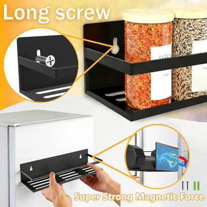 SMRCAD Magnetic Spice Rack for Refrigerator, 4pack Magnetic Shelf for Fridge Space Saving Seasoning Organizer for Any Metal Surface No Drilling Needed (BLACK -cut out, 4pack)
