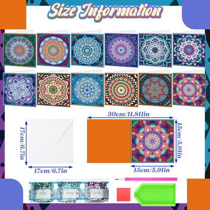 Saillong 12 Pack Mandala Diamond Painting Greeting Card Kits DIY Diamond Art Cards with Envelopes Flower 5D Rhinestones Painting Kits for Adults DIY Crafts Family Friend Birthday Gifts