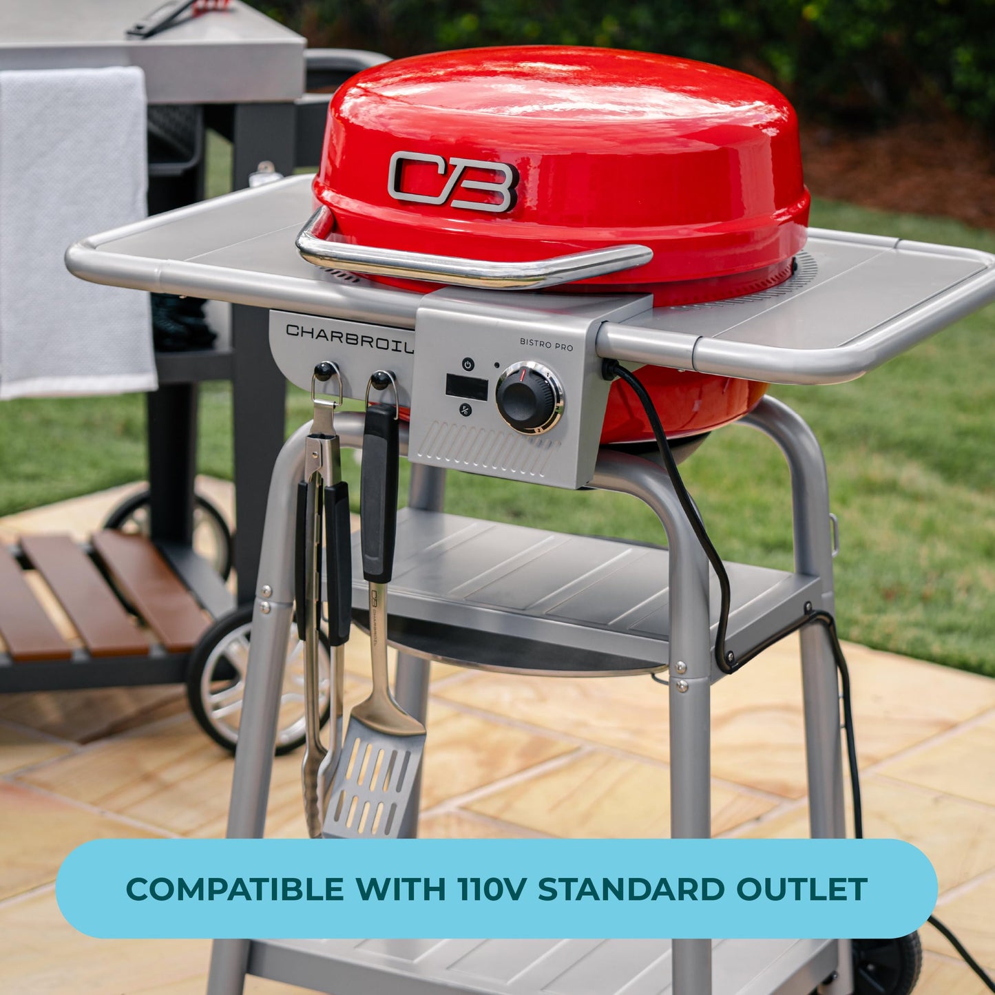 Charbroil 3-in-1 Dual Fuel Outdoor Bistro Pro Electric Grill & Griddle + Charcoal Mode BBQ, Red - 25302146