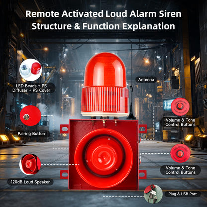Y DIANS S Outdoor Alarm Siren Wireless Adjustable Volume and Tone IP65 Strobe Light Emergency Security Sirens with 120dB Horn 1.24mile Control for Building Industry Warehouse AC110-120V SLA-01HY-2000