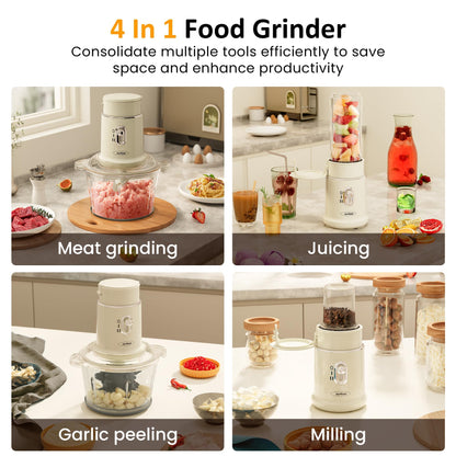 Sunvivi 250W Electric Food Chopper, 4 in 1 Food Grinder for Grinding Meat, Peeling Garlic & Juicing, Variable Speed Blender and Food Processor Combo with 1.5L Glass Bowl & 2 Cups (0.4L+0.2L), Beige