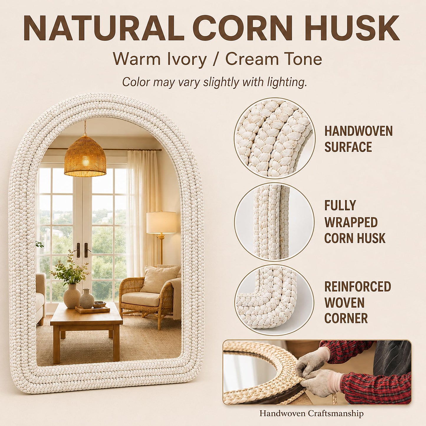 CAVINHOME 30" x 40" Arched Wall Mirror, Handwoven Natural Corn Husk Fiber with Light Whitewashed Finish, Warm Boho Coastal Style for Entryway, Bedroom, Living Room, Vertical Hanging