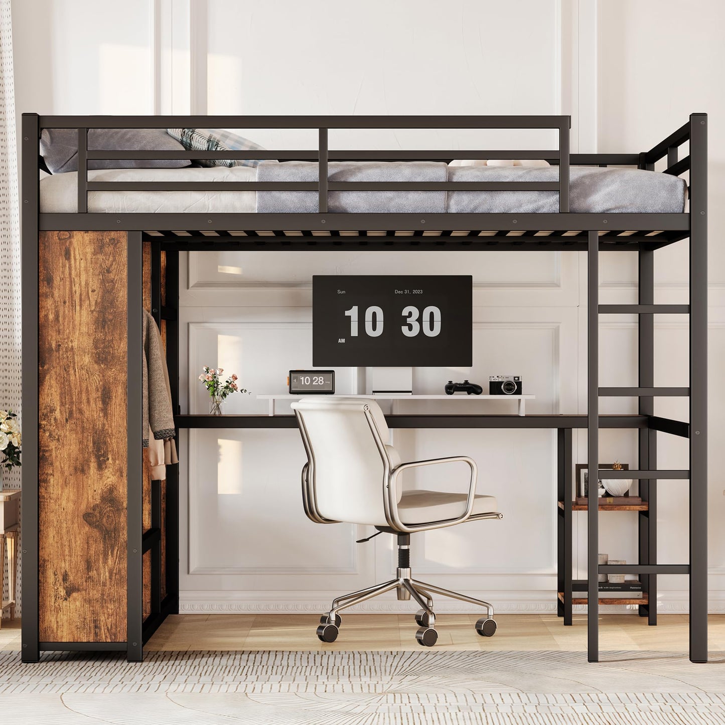 Bellemave Queen Size Loft Bed with Desk and Storage Shelves, Queen Loft Bed with Wardrobe and Hanging Rod, Game Loft Beds with Guardrail, Heavy Duty Loft Beds for Adults, Teens, Black Woodgrain
