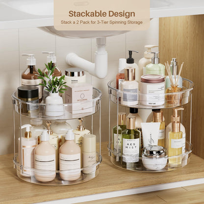 LAMU 12inch 2 Tier Lazy Susan Turntable Organizer Rotating Spice Rack Organization for Cabinet, Kitchen, Pantry, Countertop, Bathroom, Vanity, Medicine Cabinet Organizer, Clear