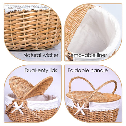 Wicker Picnic Basket with Lid and Handle 15" Sturdy Woven Body with Washable Lining for Easter,Mother's Day,Outdoor Camping,Not Dyed