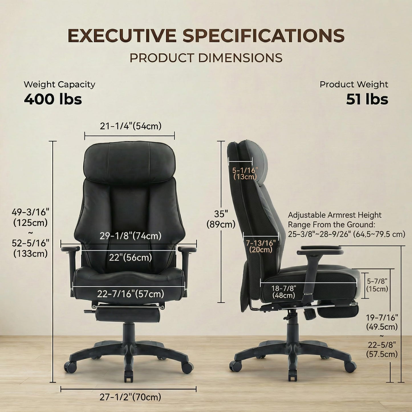EXCEBET Big and Tall Office Chair 500lbs - 22.4" Extra Wide Seat Ergonomic Executive Chair, Heavy Duty High Back Leather Office Chair with Footrest, Lumbar Support & Adjustable Arm (All Black)