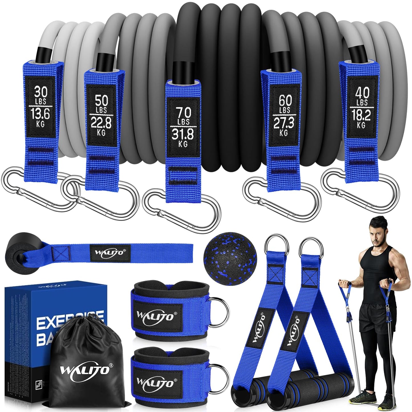 WALITO Resistance Bands Set - Exercise Bands with Handles, Door Anchor, Legs Ankle Straps, for Heavy Resistance Training, Physical Therapy, Muscle Training, Yoga, Home Workouts, Gym