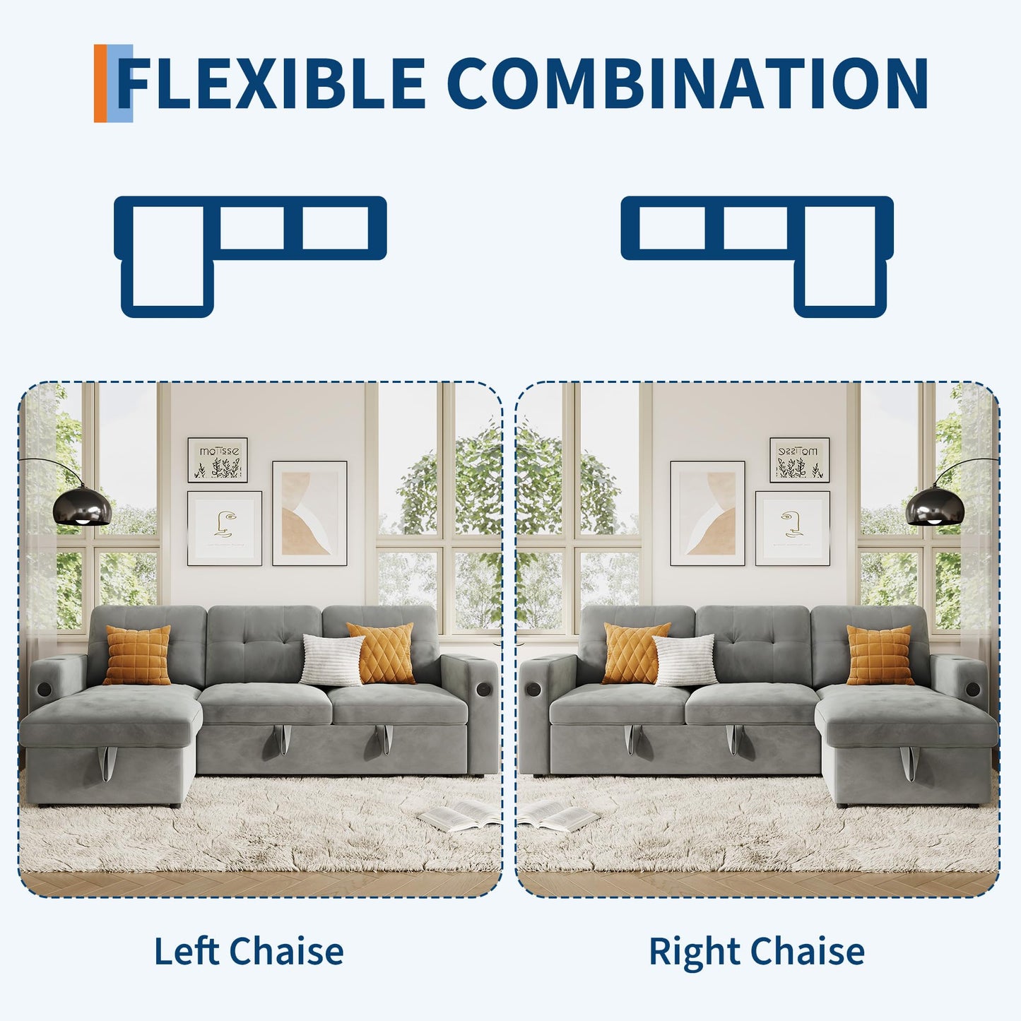 IDEALHOUSE 84" L Shaped Sleeper Sofa, Convertible Pull-Out Couch Bed with Storage & Charging Station, Sectional Sofa Bed with Cup Holder, Reversible Chaise for Living Room, Velvet, Light Gray
