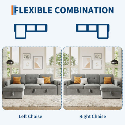IDEALHOUSE 84" L Shaped Sleeper Sofa, Convertible Pull-Out Couch Bed with Storage & Charging Station, Sectional Sofa Bed with Cup Holder, Reversible Chaise for Living Room, Velvet, Light Gray