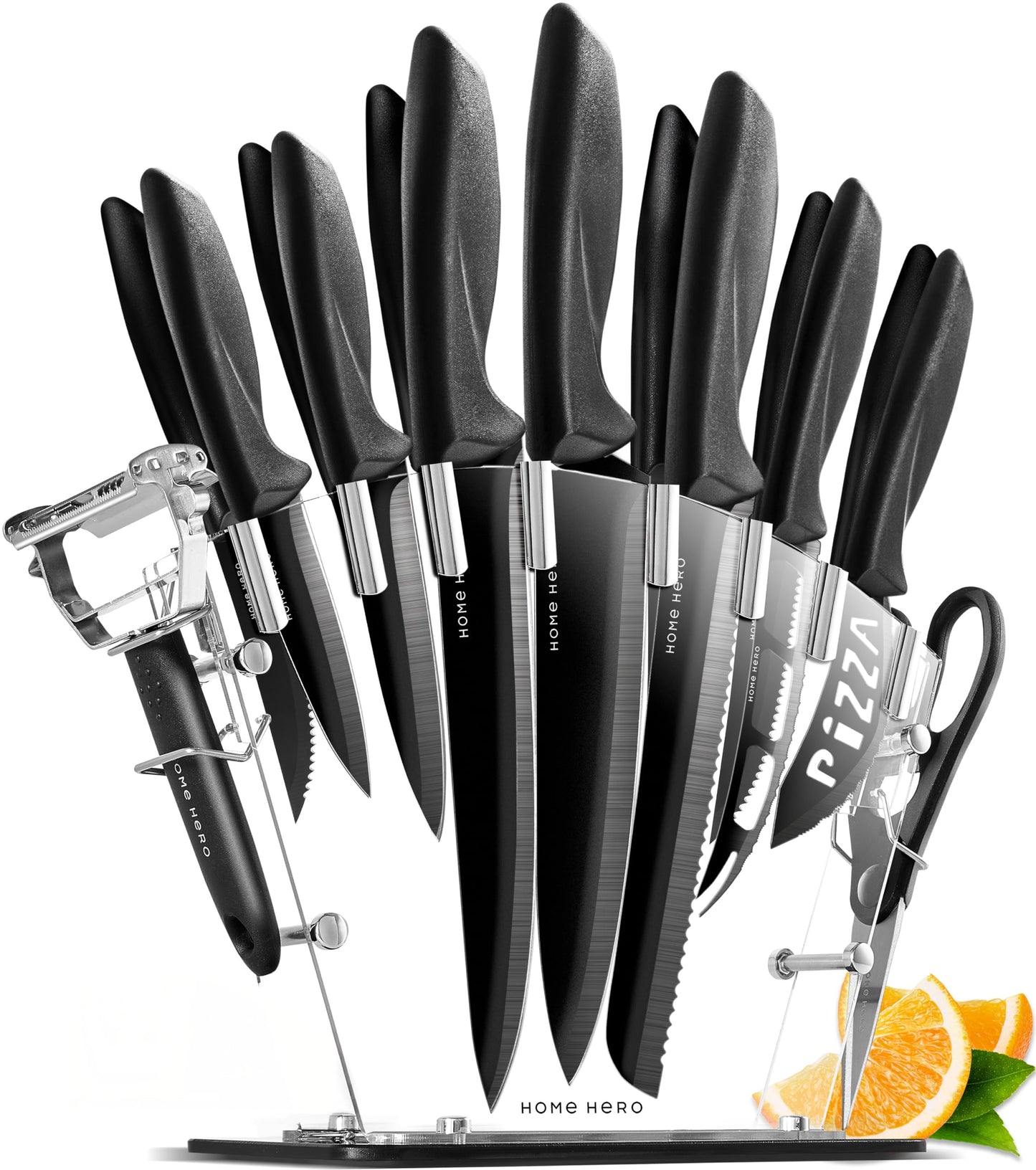 Home Hero Kitchen Knife Set - Wooden Knife Block Organizer - High Carbon Stainless Steel Blades - Ergonomic Handles with Built-In Sharpener & Kitchen Scissors - 16 Pcs, Acrylic Black