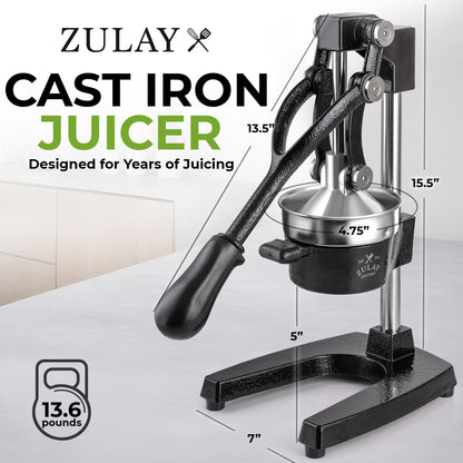 Zulay Kitchen Cast Iron Juicer - Easy-to-Clean Heavy-Duty Manual Juicer, Professional Citrus Juicer - Stainless Steel Lemon Squeezer - Manual Citrus Press & Orange Squeezer - Orange Juicer (Black)