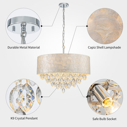 Pine Flicker X-Large 6-Light Drum Capiz Shell K9 Crystal Chandelier, Coastal Style Pendant Light Fixture for Dining Room, Living Room, D24 * H24~70 inch (Adjustable), Clear Crystal & Chrome Finish
