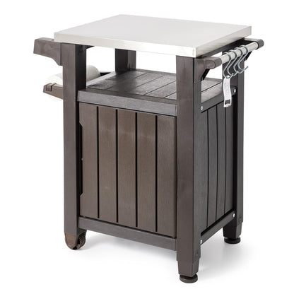 Keter Unity 40 Gallon Stainless Steel Top Patio Storage Grilling Bar Cart and Unity XL Outdoor Kitchen Rolling Bar Cart with Storage Cabinet, Brown