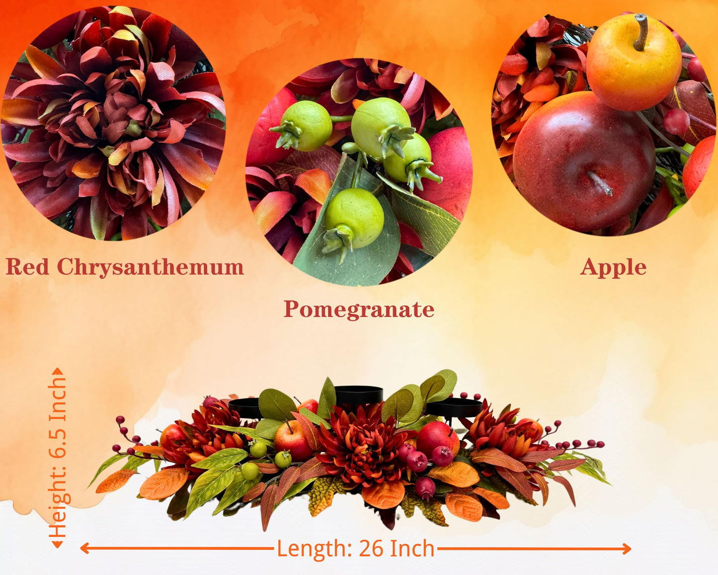 Svndlyn Fall Thanksgiving 3 Candle Holders Centerpiece Harvest Table Centerpiece Decor with Red Chrysanthemum Berries Apple Pomegranate Maple and Eucalyptus Leaves for Thanksgiving Autumn Harvest
