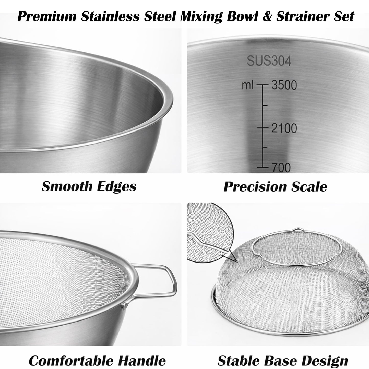 Stainless Steel Mixing Bowl and Colander Set, Multipurpose Kitchen Basket with Fine Mesh Colander, Salad Mixing Bowl with Strainer,3.5 Qt Large Capacity For Rice Fruit Vegetable (Stainless Steel)